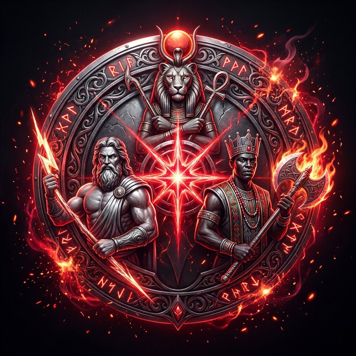 BattleVerse RPG emblem: a lion-headed Kemetic figure, a Hellenic thunder god and a crowned Yoruba warrior set in a runed crimson sigil.