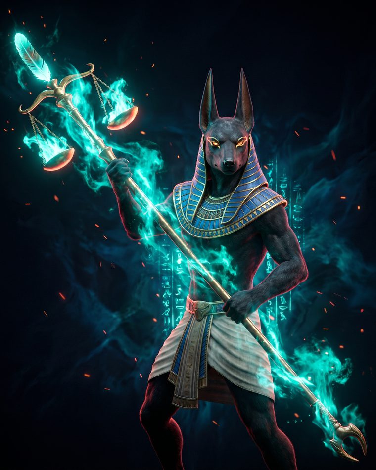 Jackal-headed figure holding scales lit in green flame.