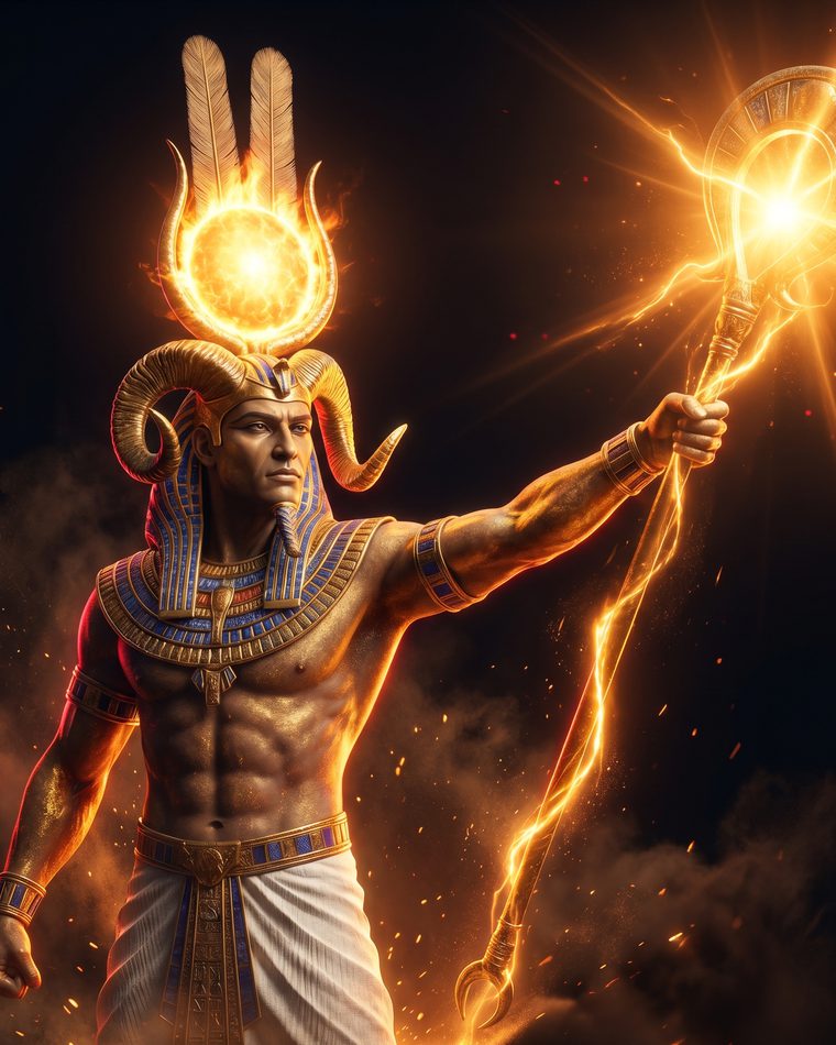 Crowned figure raising a blazing solar disc.