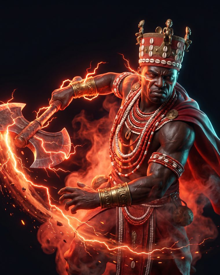 Crowned warrior wreathed in red fire, holding a double-headed axe.